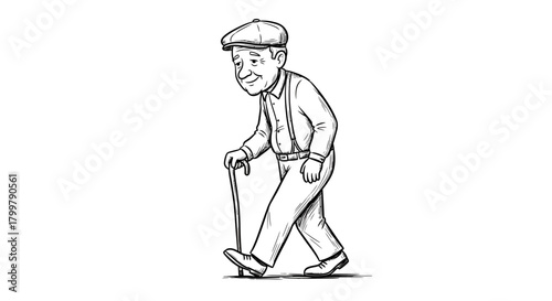 Whimsical line drawing of an elderly man leisurely strolling with a walking stick