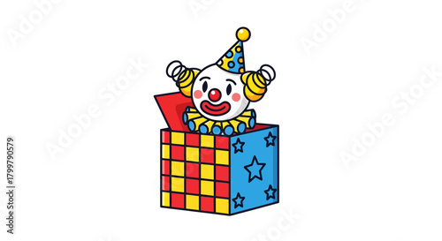 Whimsical pop-up clown illustration on white canvas creating visual spectacle for kids