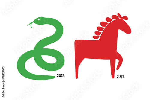 Minimalist vector illustration of the chinese zodiac, showcasing the serpent for 2025 and the horse for 2026, isolated for horoscope and calendar designs