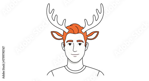 Whimsical portrayal of a man with reindeer-like features against a white background