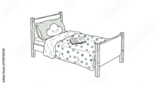 Whimsical single bed with a cloud pillow and an open book with a heart drawing