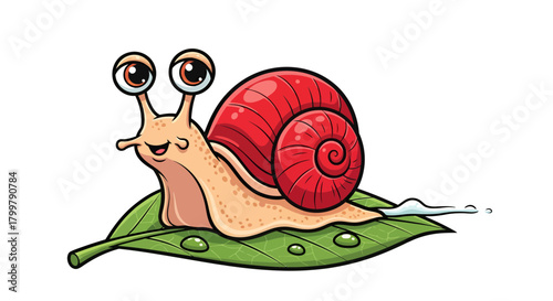 Whimsical snail character gliding on a vibrant leaf with playful eyes and a charming red shell