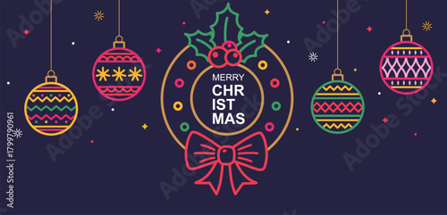 Merry Christmas and Happy New Year background with hanging balls, wreath with red bow, elements for websites, greeting cards, banners, covers.