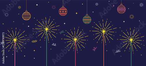 Night banner with sparkling sparklers, sparks, and hanging Christmas balls. Christmas design for New Year's celebration, banner, greeting, or poster.