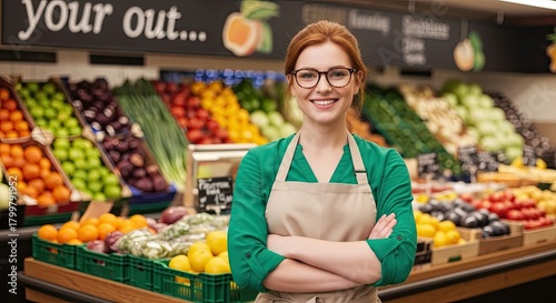 Smiling Woman in Apron Standing in Produce Section of Grocery Store with Arms Crossed