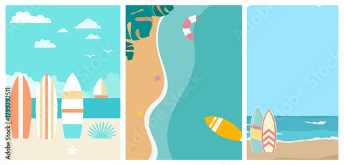 Minimal beach illustration with surfboards, ocean waves, sandy shore, summer vacation vibes, tropical coastline, flat design art perfect for travel and beach-themed decor