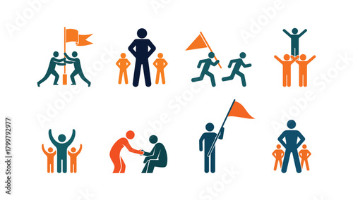 Teamwork and Leadership Icons Set. Collaboration Guidance Support and Group Management Symbols in Clean Minimal Black Vector Illustration