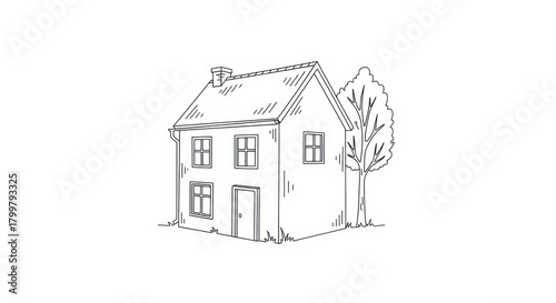 A Minimalist Line Art Illustration of a Quaint House Beside a Tree on White Surface