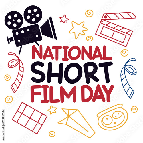 National Short Film Day Vector Illustration, Filmmaking, Film Reel, Clapperboard, and Cinema Celebration Isolated on White Background