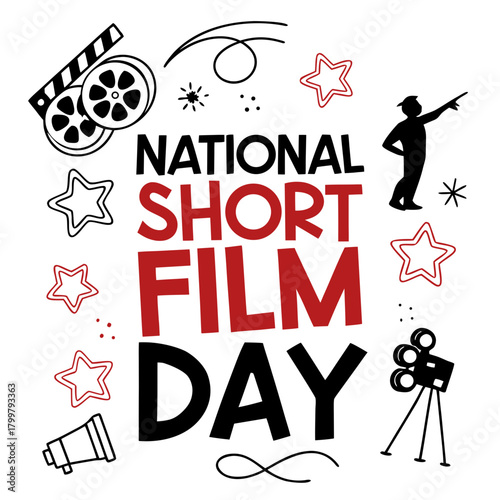 National Short Film Day Vector Illustration, Filmmaking, Film Reel, Clapperboard, and Cinema Celebration Isolated on White Background