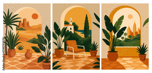 Aesthetic landscape illustrations featuring Mediterranean views, indoor plants, arch windows, sunset scenery, minimalist decor, and modern art perfect for wall art and interior design