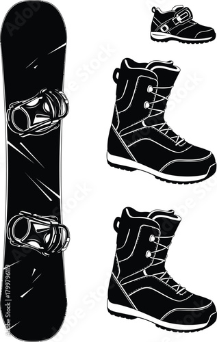 Black and white illustration of a snowboard and snowboarding boots on a white background