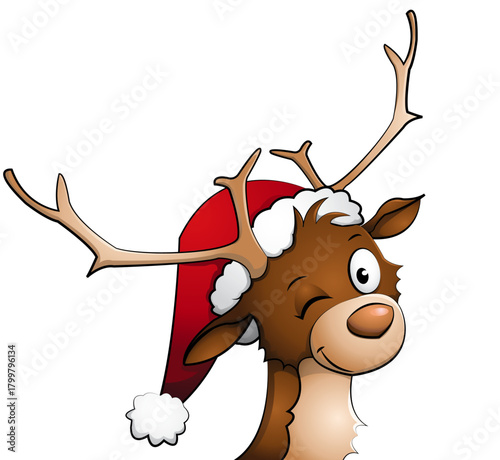 zwinkerndes Rentier mit Weihnachtsmütze