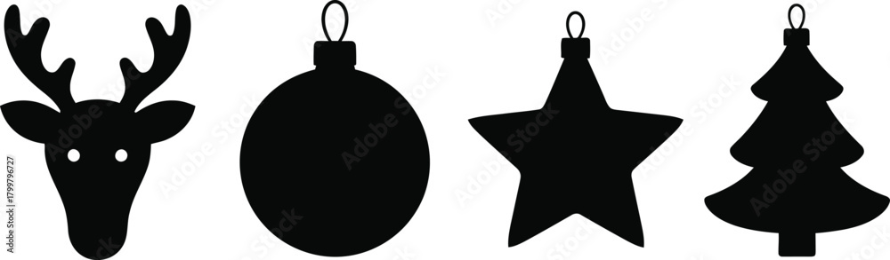 Obraz premium Black silhouette christmas ornaments including a reindeer bauble star and tree