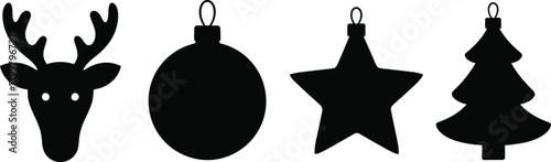 Black silhouette christmas ornaments including a reindeer bauble star and tree