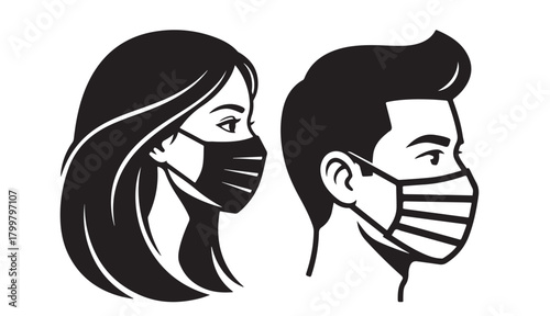 Black and white vector illustration showing side profiles of a man and a woman wearing protective face masks. Concept for health, public safety, hygiene, pandemic prevention, and medical protocols.
