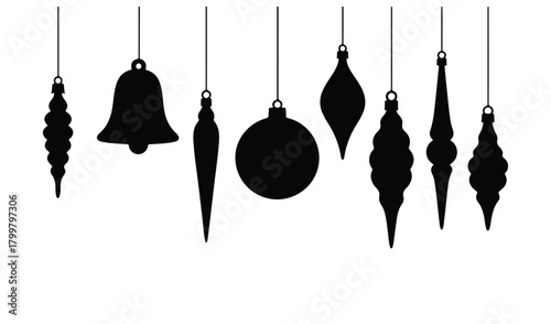Collection of hanging christmas ornaments silhouettes on white background