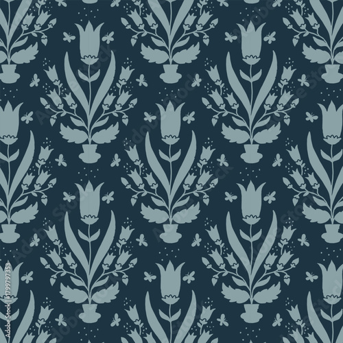 Dark navy seamless floral pattern with pale blue tulips and elegant botanical damask elements.