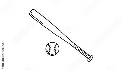 Simple hand drawn illustration of a baseball bat and ball