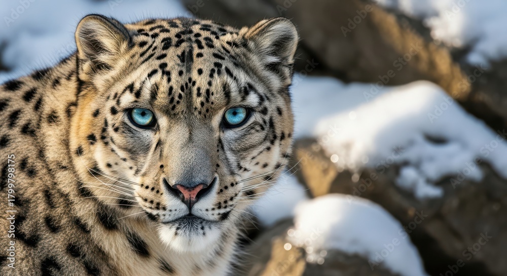 Naklejka premium Close up portrait of a snow leopard with striking blue eyes in a snowy environment
