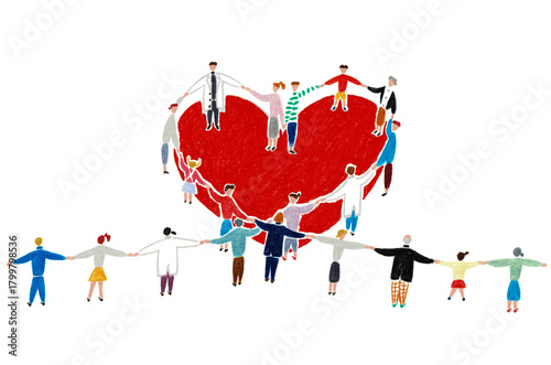 医者と患者との信頼関係　赤いハートの上で手をつなぐ人々