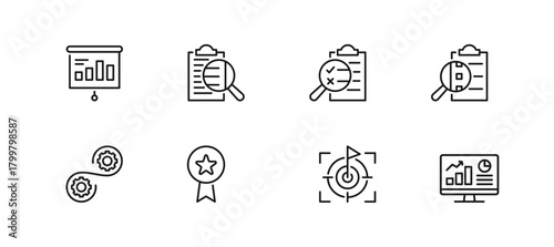 Assessment icon set containing plan, analysis, evaluation, audit, process, quality, goal and result vector icons
