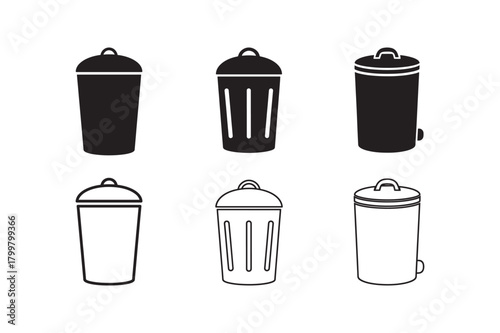 Dustbin silhouette with matching outline waste icon set