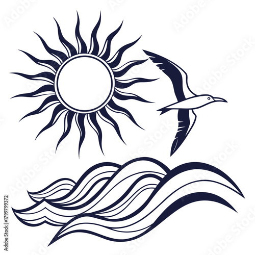Sun, seagull and sea waves isolated on vector illustration