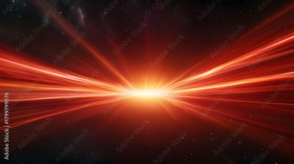 Fototapeta premium A mesmerizing abstract space render showcases an intense explosion of bright orange and red light streaks emanating from a central point against a backdrop of twinkling stars.