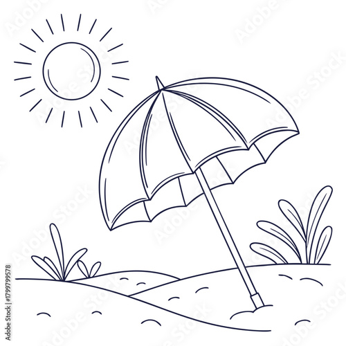Hand drawn beach umbrella and sun on the sand isolated on