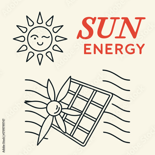 Illustration of sun energy with solar panel and wind turbine isolated on white