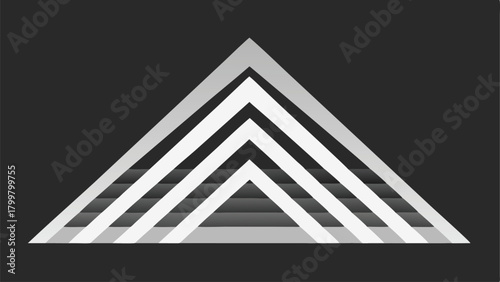 Abstract geometric triangle with layered white and grey stripes on dark background shape