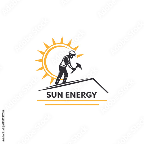 Sun energy logo with worker installing solar panels isolated on
