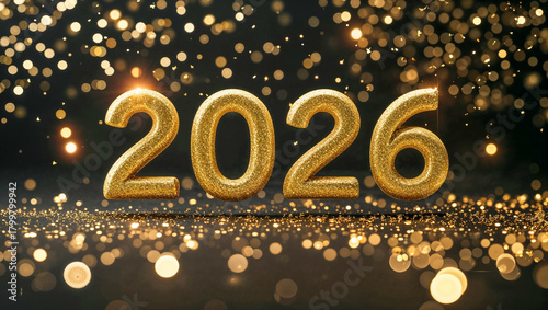 Golden 2026 Glittering Numbers with Sparkling Light and Festive New Year Celebration Background