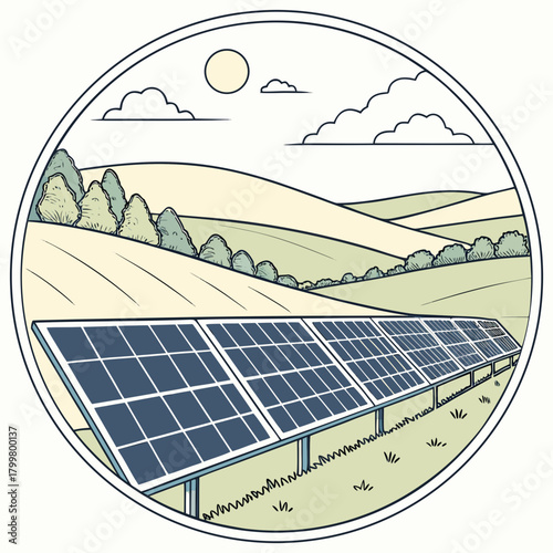 Solar panels in a field with hills, trees, sun and clouds illustration