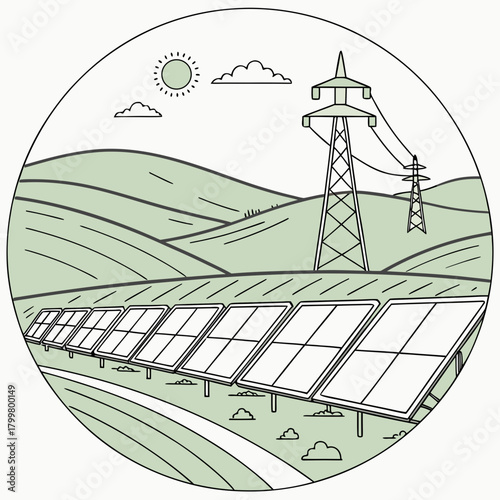 Solar panel farm with electricity pylon and sun on rolling hills landscape