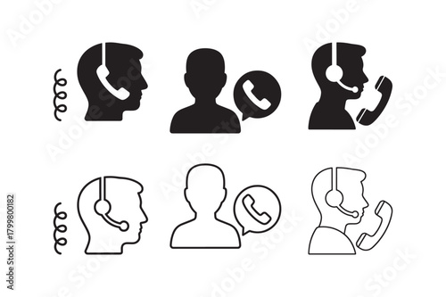Phone customer service silhouette with outline support icon set