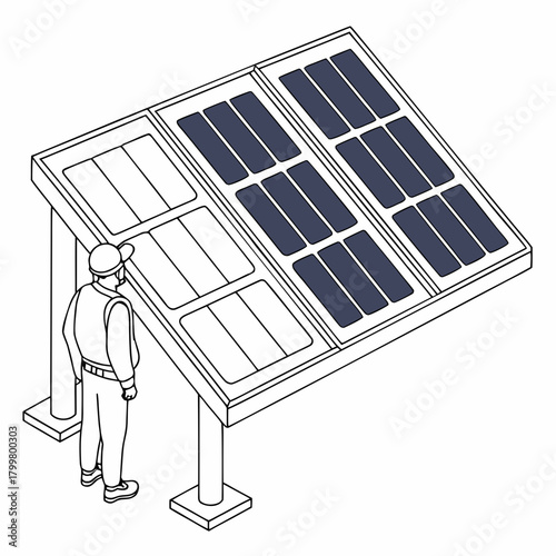 Illustration of a man inspecting a solar panel array isolated on