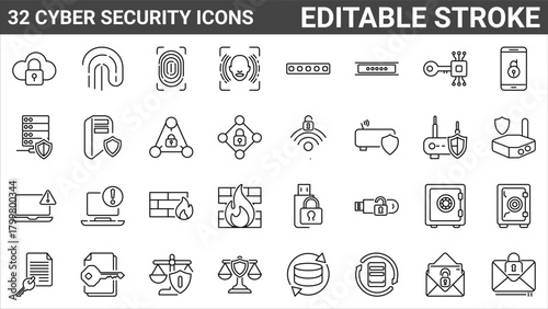 Cyber security icons set, 32 outline line icons with editable stroke, data protection, firewall, VPN, cloud shield, biometric login, secure network, encryption, privacy, safe, router, server