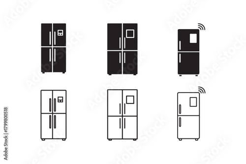 Smart fridge silhouette with outline kitchen appliance icon set