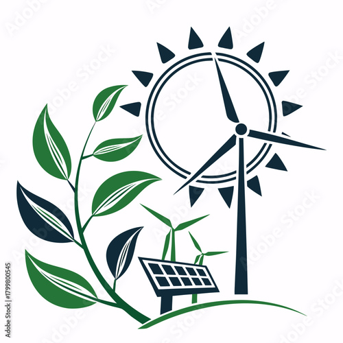 Green energy sources with wind turbine, solar panel and plant isolated on