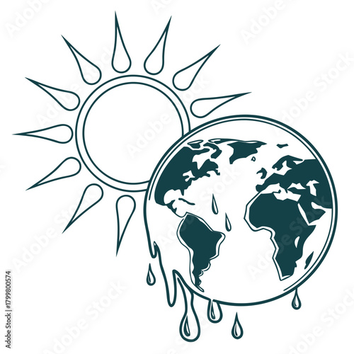 Global warming concept with melting earth and sun isolated on