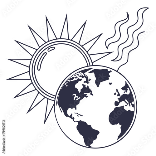 Global warming illustration with sun and earth isolated on
