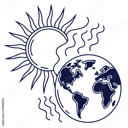 Earth with sun and heat waves isolated on, global warming art