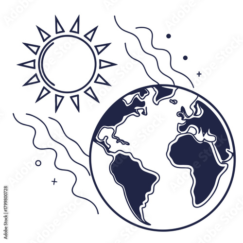 Earth globe and sun icon isolated on, global warming concept
