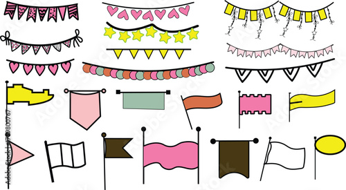 Doodle flags and ribbons. Simple banner garland decoration, birthday party and carnival bunting. Vintage line color pennant, title and label cute design. 