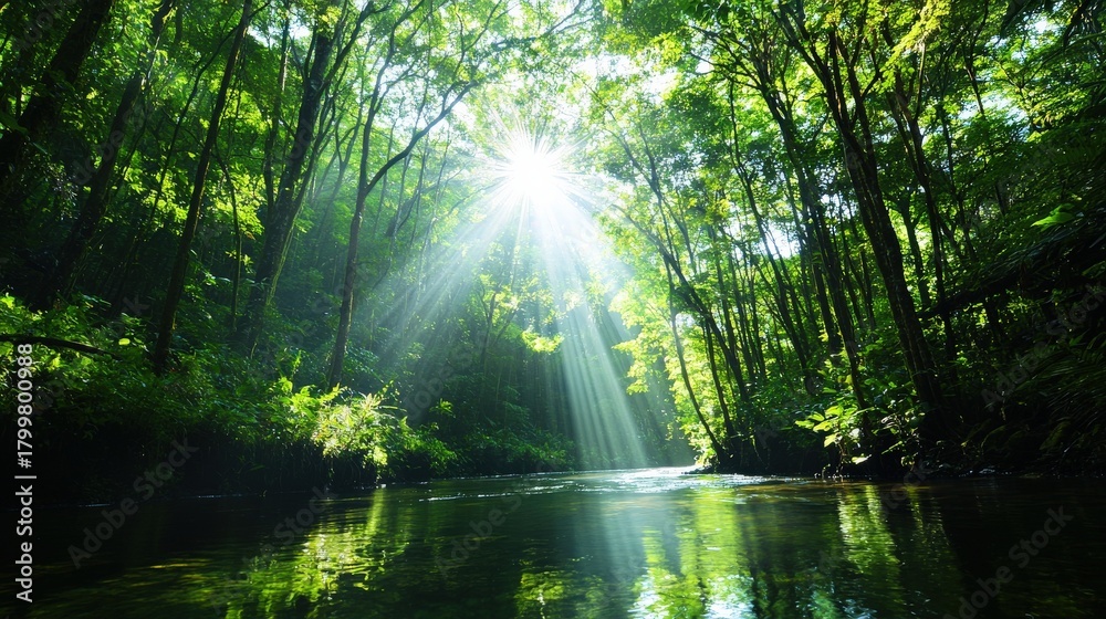 Obraz premium A pristine river running through a dense rainforest, with sunlight filtering through the canopy