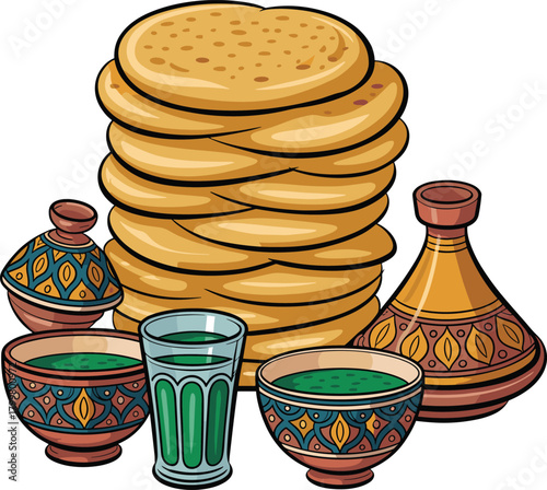 Stack of flatbreads with Moroccan tagine pots and mint tea