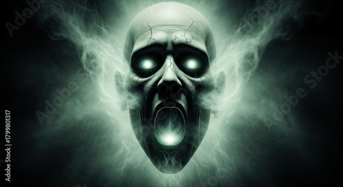 Eerie Ghostly Skull with Glowing Eyes and Ethereal Mist Emerging from its Mouth