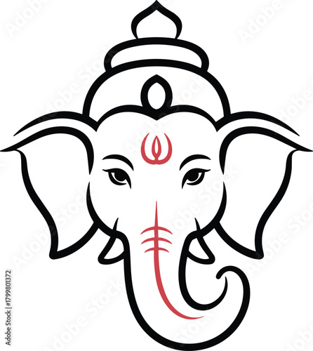 Stylized Elephant Head Ganesha Icon Black Red Hindu god